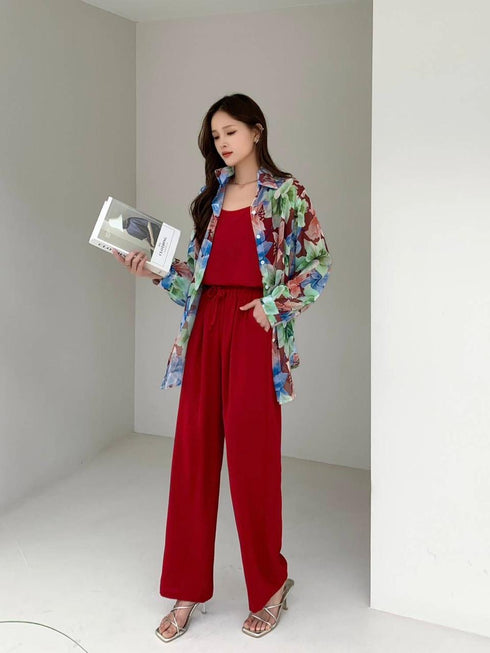 Summer Floral Shirts With Tang Tops and Trousers sets